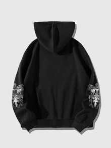 ROMWE MEN Goth Men's Cross Print Zip-Up Hoodie Without Pockets - Black - View 2