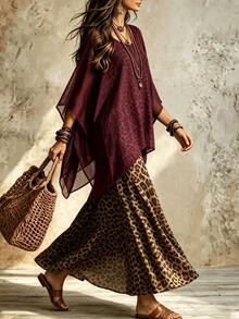 Linhara CURVE Plus Size Women Solid Color Batwing Sleeve Asymmetric Hem Top And Leopard Print Spaghetti Strap Dress Casual 2 Pieces Set - Burgundy - View 6
