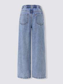 SHEIN Genkimix Kids 少女心形圖案口袋直筒休閒日常穿著牛仔褲 - 淺色水洗藍 - 查看 2