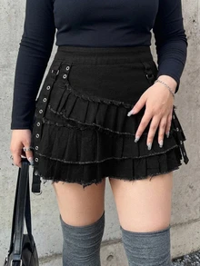 Dazy Plus Pleated Patchwork Design Korean Style Girl Hot Girl Mini Denim Skirt - Black - View 4
