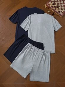 SHEIN 男士極簡短袖上衣與短褲居家服 4 件套 - 彩色 - 查看 2