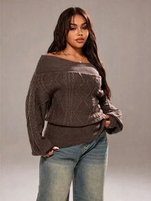 Rustia Plus Size Solid Color Off-Shoulder Sweater Pullover Top, Autumn/Winter - Rust Brown - View 7