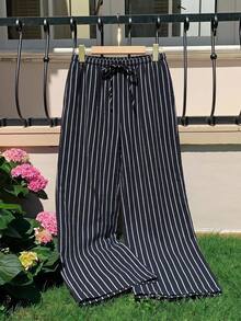 SHEIN EZwear 女款休閒條紋拼色抽繩腰長褲 - 黑色 - 查看 6
