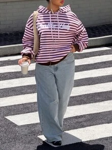 Muchica 女款粉色條紋字母印花抽繩連帽休閒 Y2K 日常長袖運動衫上衣 街頭風運動連帽衫 返校季秋季 - 彩色 - 查看 7