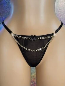 MidnightGlam 1pc Women's Sexy Chain Mesh Embroidered Patchwork Thong - Black - View 4