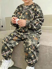 兒童小男孩冬季保暖內裡迷彩印花運動休閒淺橄欖綠長袖圓領套頭秋季衛衣 - 彩色 - 查看 1