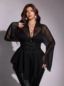 Viva Relle Plus-Size Women's Asymmetrical Hem Sheer Sensual Shirt - Black - View 1