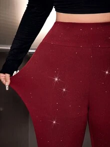 SHEIN EZwear 紅色大尺碼亮片高彈性緊身內搭褲，聖誕新年派對之夜秋季性感優雅款 - 酒紅色 - 查看 6