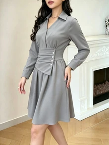 Modelyn Women's Elegant Casual Versatile Light Gray V-Neck Shirt Sleeve Waist Panel Button Design Short Dress For Spring And Autumn, Suitable For Daily Wear And Parties - Light Grey - View 8