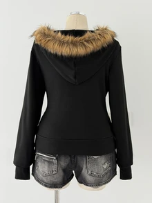 Sunspun Plus Size Women's Fashion Fur Collar Fitted Zip-Up Hooded Sweatshirt With Cross Winter - Black - View 2