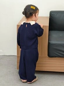 DAZY Baby Girl Contrast Color Long Sleeve Top And Pants Casual Everyday Knit Set - Grey - View 2