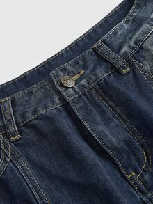 ROMWE Kawaii Vintage Women's Y2K Millennium Retro Versatile Apple Embroidered Washed Blue Mid-Length Denim Skirt - Dark Wash - View 4