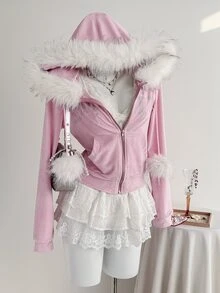 Elamini Women's Rhinestone & Pom Pom Decor Fur Collar Zipper Front Hooded Long Sleeve Sweatshirt - Mauve Purple - View 1
