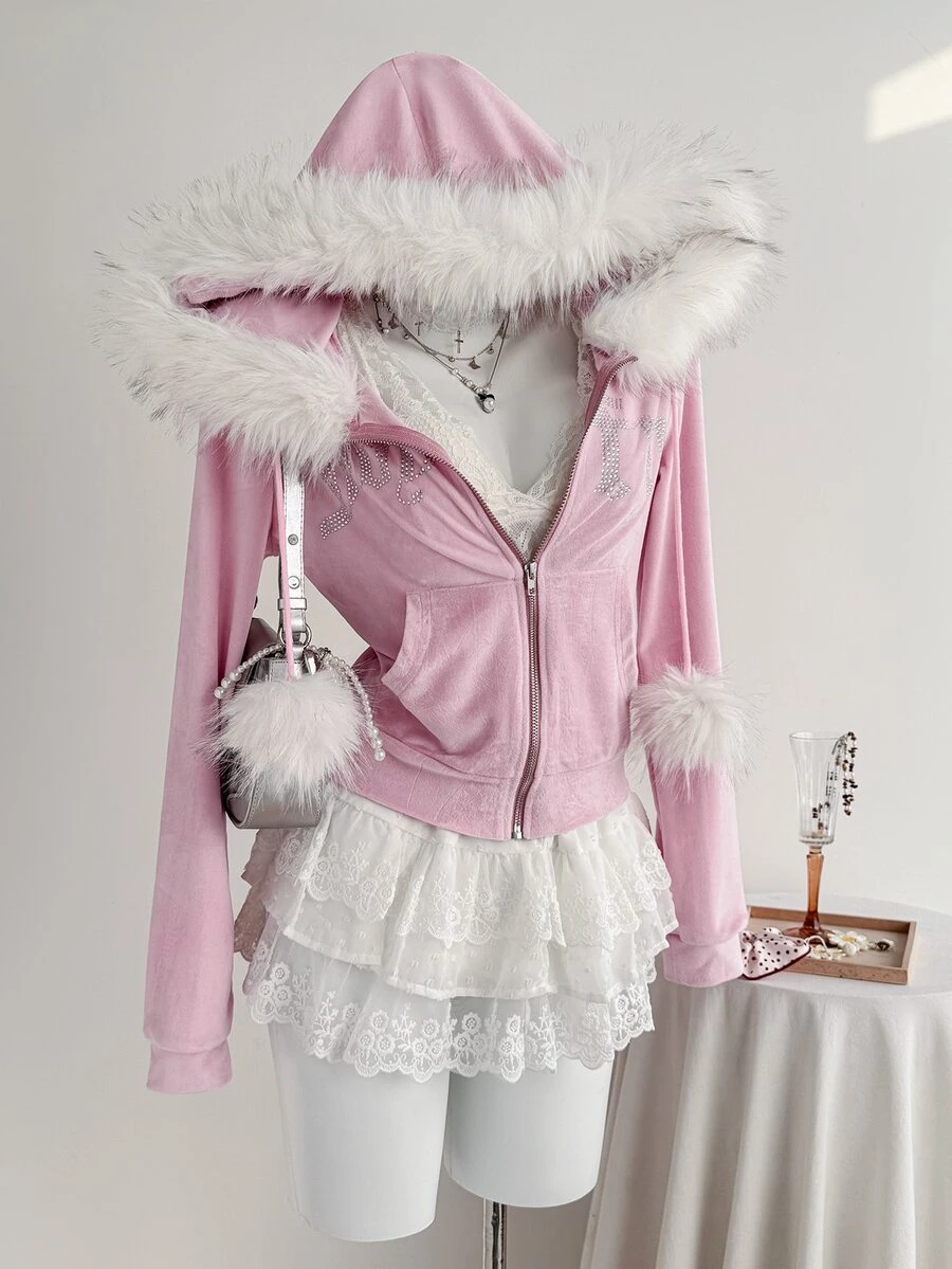 Elamini Women's Rhinestone & Pom Pom Decor Fur Collar Zipper Front Hooded Long Sleeve Sweatshirt - Mauve Purple - View 1