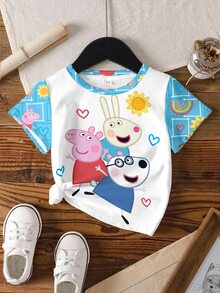 Peppa Pig X SHEIN 少女卡通印花短袖T恤，適合日常穿著 - 白色 - 查看 6