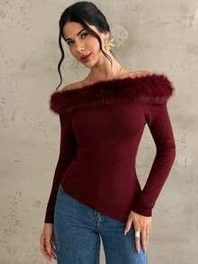 Firerie Sweater Pullover Kerah Bulu Wanita Biasa - Coffee Brown - View 3