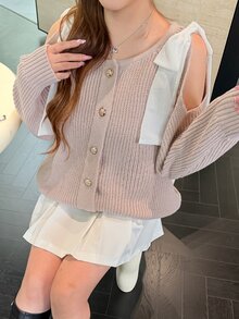 Bijouette Plus Size Women's Shoulder Bow Decor Cutout Design Single-Breasted Knit Cardigan - Pink - View 5