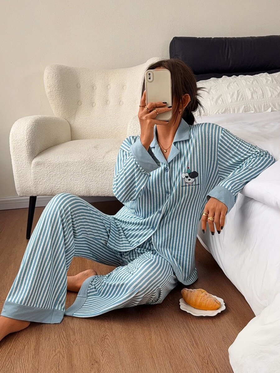 DAZY Women's Striped Single-Breasted Top And Pants Pajama Set - Blue - View 1