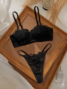 Qdormo 2件組女性性感蕾絲內衣套裝 - 黑色 - 查看 2