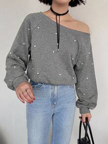 FRIFUL Sweatshirt Longgar Asimetris Model Korea Baru untuk Wanita, Dekorasi Manik-manik, Bahu Asimetris, Awal Musim Gugur - Grey - View 4
