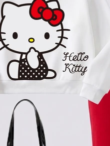 HELLO KITTY AND FRIENDS | SHEIN 女嬰春秋冬兩件套，圓領長袖印花衛衣搭配純紅色喇叭褲，可愛休閒幼兒套裝，適合日常穿著與外出 - 紅色 - 查看 4