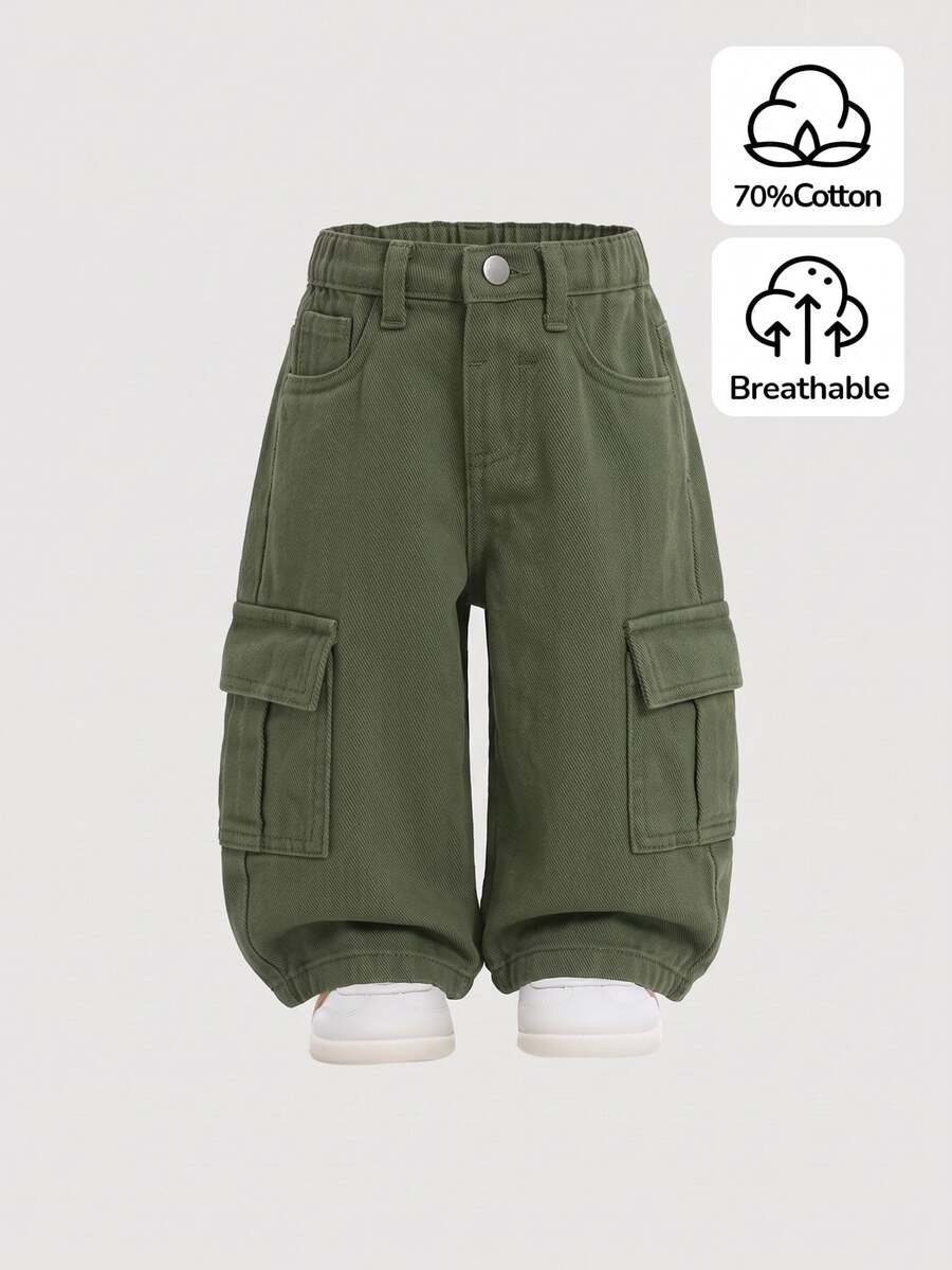 SHEIN 男嬰時尚鈕扣口袋工裝牛仔長褲 - 軍綠色 - 查看 1