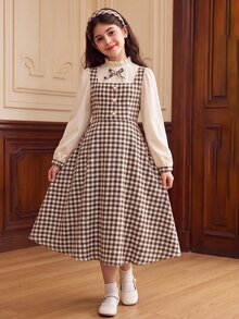 Tween女孩長袖格紋收腰蝴蝶結誇張領長洋裝，秋季款 - 卡其色 - 查看 5