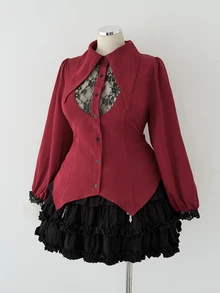 Sunspun Plus Size Dark Style Shirt Collar Lace Patchwork Puff Long Sleeve Blouse - Burgundy - View 5