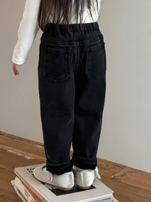 DAZY Baby Girl Casual Versatile Fitted Elastic Waist Denim Long Pants - Black - View 6