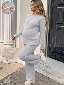 SHEIN 孕婦純色圓領長袖T恤與可調腰長褲休閒兩件套 - 灰色 - 查看 6