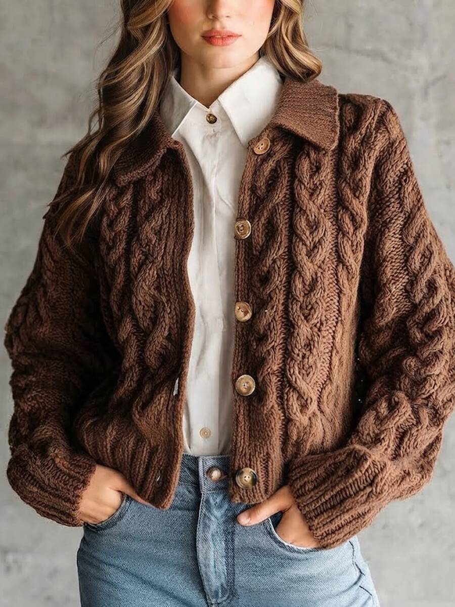 SHEIN كارديجان نسائي كاجوال بني قهوة محبوك بكابلات مع ياقة وفتحة صدر واحدة - قهوة بني - مشاهدة 1