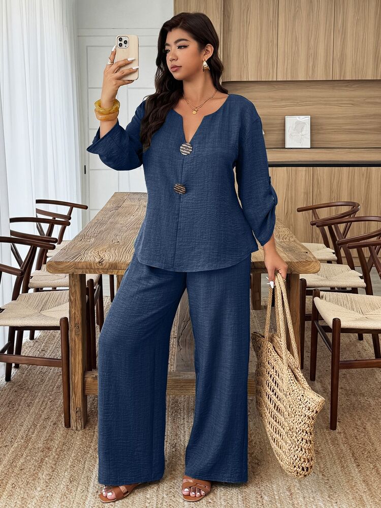 Weeklong Women's Plus Size Spring/Summer Casual Mid-Sleeve Button Decor V-Neck Shirt And Straight Leg Pants 2 Pieces Set, Suitable For Daily Wear And Vacation - Navy Blue - View 3