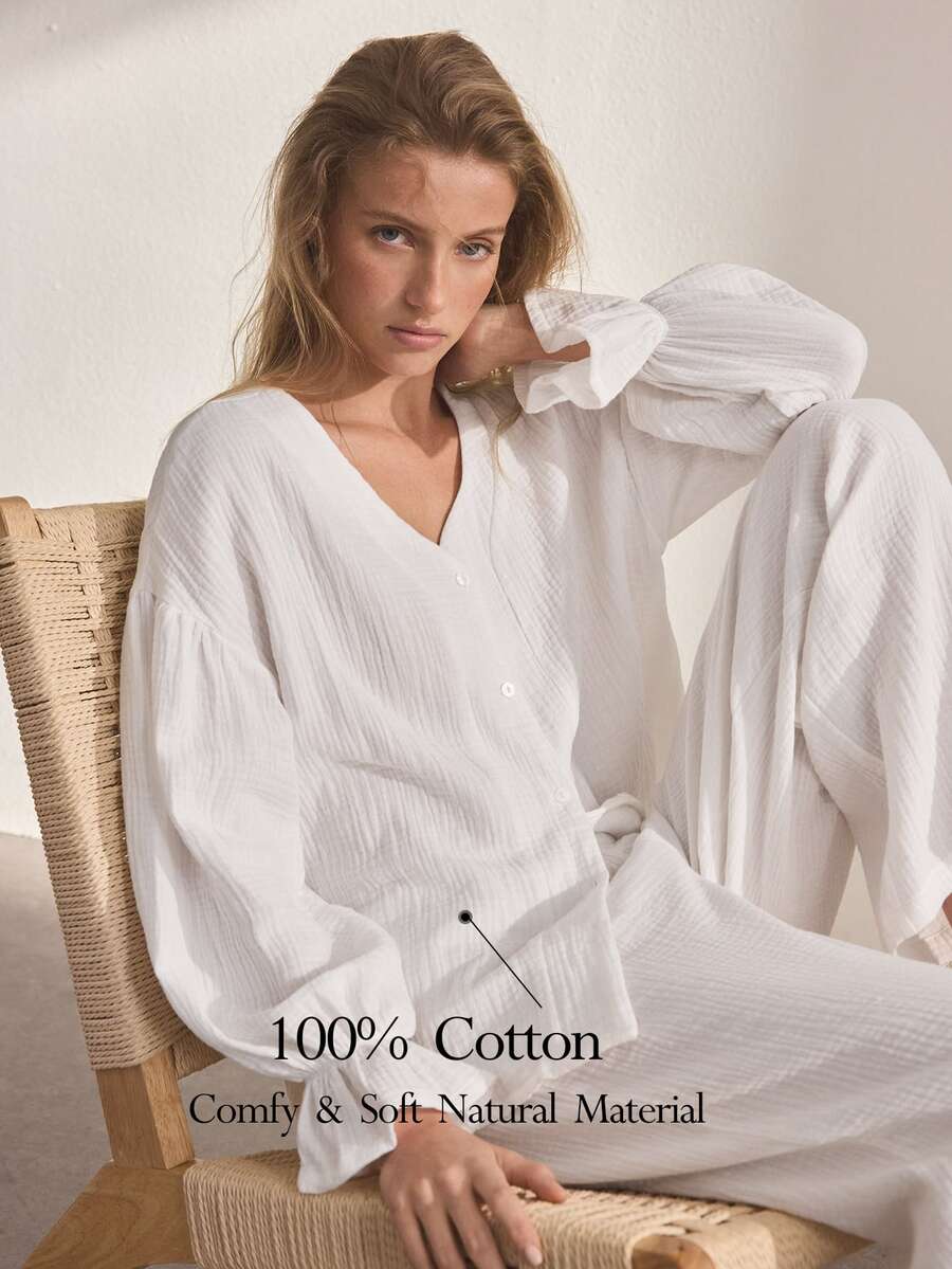 Ocili Women's Solid Color V-Neck Top And Pants Casual Daily Homewear Set - White - View 1