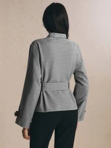 Poéselle 女款格紋立領單排扣長袖休閒風衣外套 - 黑與白 - 查看 4