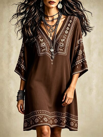 Bytebia Bytebia Vintage Bohemian V-Neck Printed Dress For Women, Loose Fit 3/4 Flare Sleeve Print Casual Vacation Short Dress