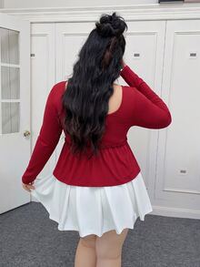 Solflare 大尺碼女款素色百褶休閒日常長袖T恤 - 酒紅色 - 查看 2