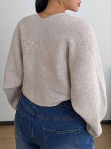 POPSWAY Plus Size Women's Cropped Long Sleeve Cardigan Sweater - Apricot - View 3