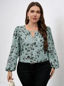 SHEIN Clasi 優雅大尺碼女款花卉印花鎖骨領燈籠袖襯衫 - 彩色 - 查看 3