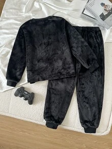 SHEIN 青少年男孩秋冬長袖上衣與長褲舒適居家休閒睡衣兩件套，遊戲控制器印花圖案 - 黑色 - 查看 2