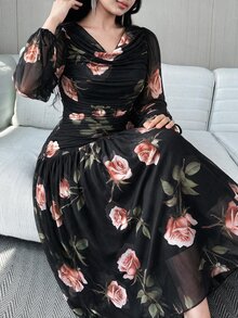 Feyla Plus Size French Floral Print Cowl Neck Pleated Dress - Multicolor - View 6