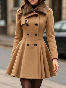 SHEIN LUNE Women's Solid Color Fur Collar Double-Breasted Long Sleeve Ruffle Hem Elegant Jacket - Coffee Brown - View 1