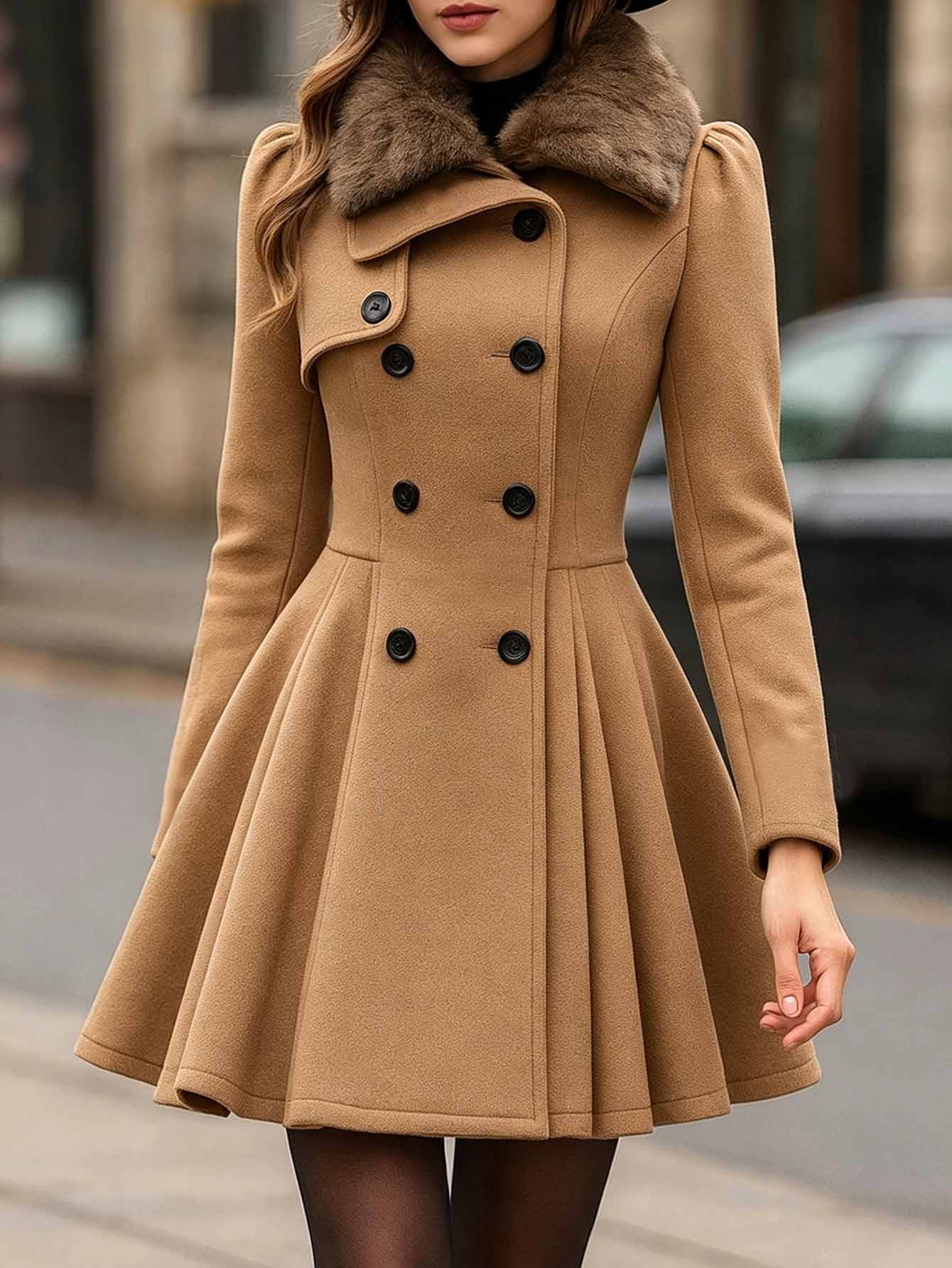 SHEIN LUNE Women's Solid Color Fur Collar Double-Breasted Long Sleeve Ruffle Hem Elegant Jacket - Coffee Brown - View 1