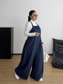 POPSWAY Plus Size Casual Loose Wide Leg Overalls - Royal Blue - View 4