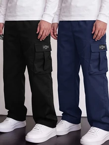 SHEIN 2件組兒童青少年男孩休閒日常舒適工裝褲 直筒寬鬆長褲，黑色工裝褲、海軍藍工裝褲，新年適用，適合戶外穿著，秋冬款 - 彩色 - 查看 1
