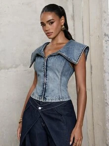 Hauture Women's Casual Versatile Everyday Denim Top With Turn-Down Collar - Blue - View 5