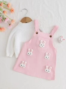 SHEIN Kids Cute Woven Ribbed Brown Corduroy Pinafore Autumn Winter Dress, Exquisite Bunny Doll Decor, Fine Workmanship & Exqu - Pink - View 6