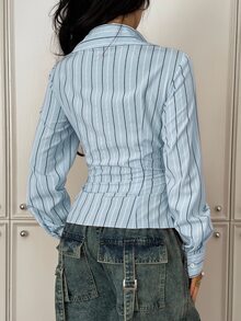 StreetHx 女款條紋單排扣休閒修身襯衫 - 淺藍色 - 查看 2