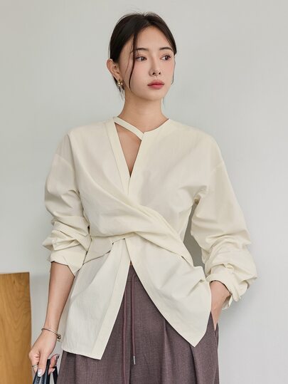Dazy-Less 여성 솔리드 컬러 드롭 숄더 긴팔 비대칭 칼라 패션 블라우스 오피스 크림 화이트 가을 우아한