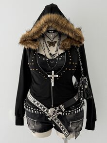 Sunspun Plus Size Women's Fashion Fur Collar Fitted Zip-Up Hooded Sweatshirt With Cross Winter - Black - View 1