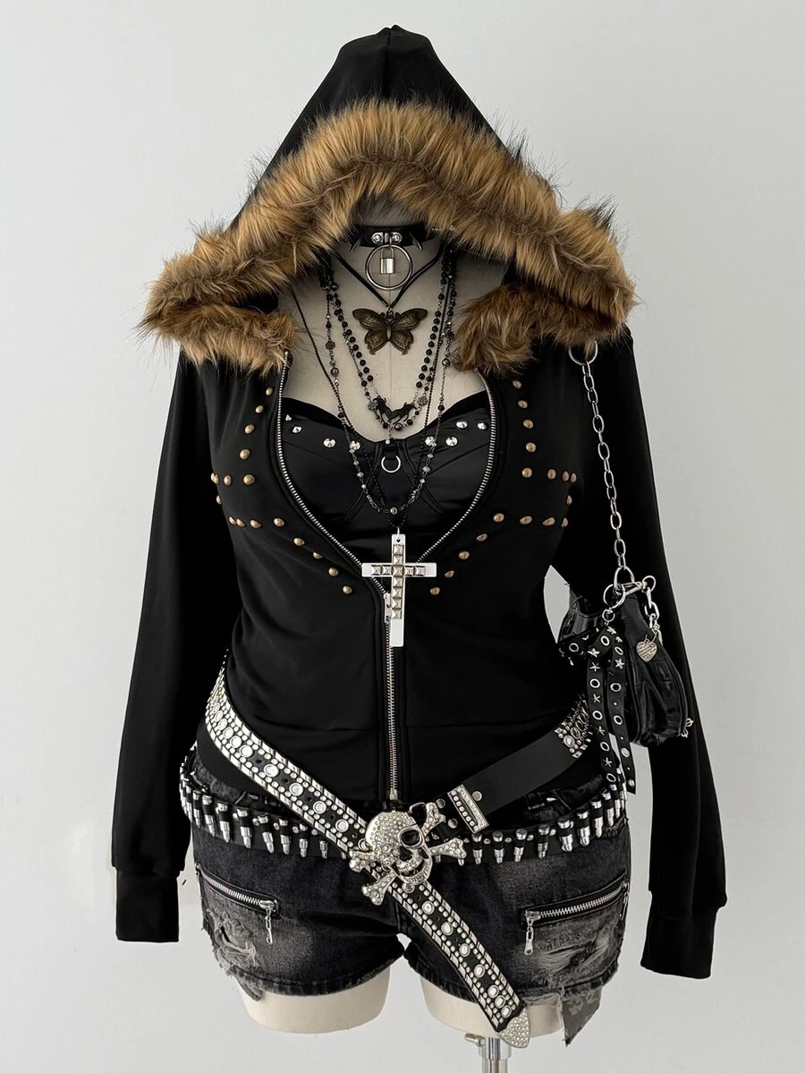 Sunspun Plus Size Women's Fashion Fur Collar Fitted Zip-Up Hooded Sweatshirt With Cross Winter - Black - View 1